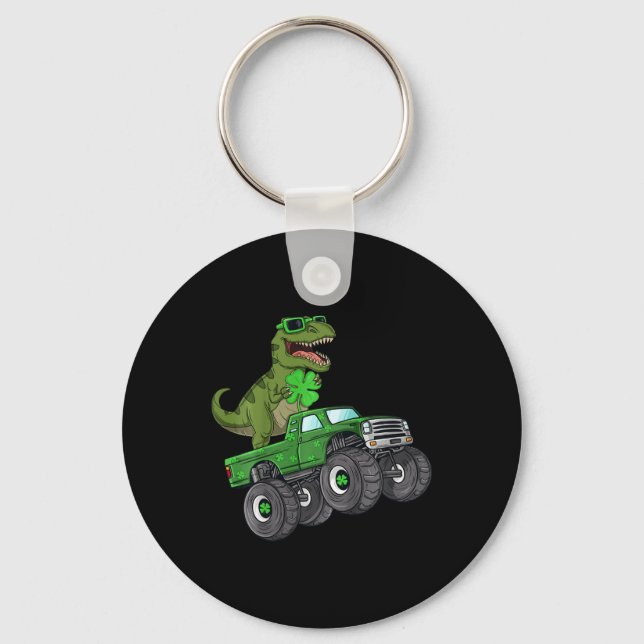 Kids St Patricks Day T Rex Riding Monster Truck To Key Ring (Front)