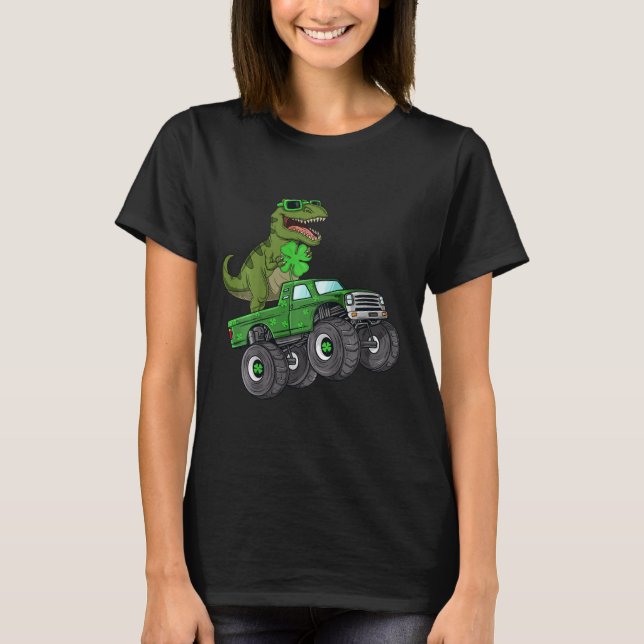 Kids St Patricks Day T Rex Riding Monster Truck To T-Shirt (Front)