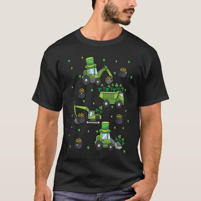 Kids St Patricks Day Trucks Construction Excavator T-Shirt (Front)