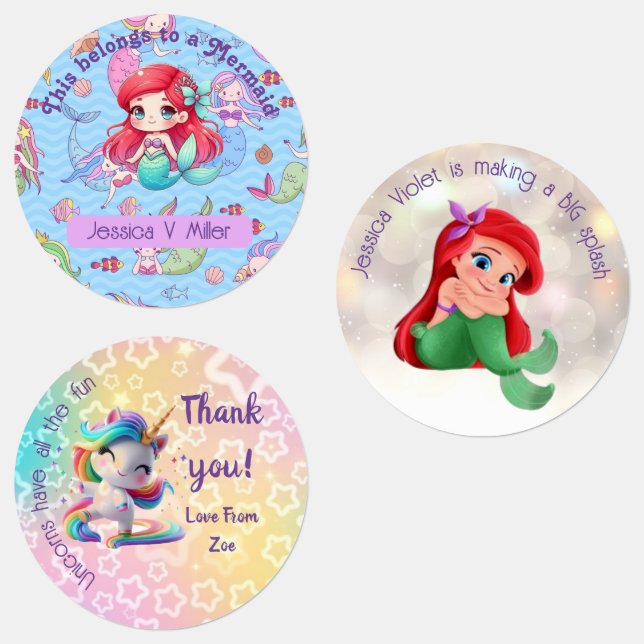 Kids Stickers / Labels - Mermaid and Unicorn Theme (Group)