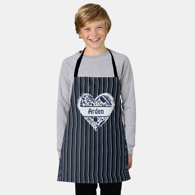 Kids Striped Custom Apron, Heart, Cook Bake BBQ Apron (Worn)