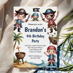 Kids Summer Beach Pirate Birthday Party Invitation