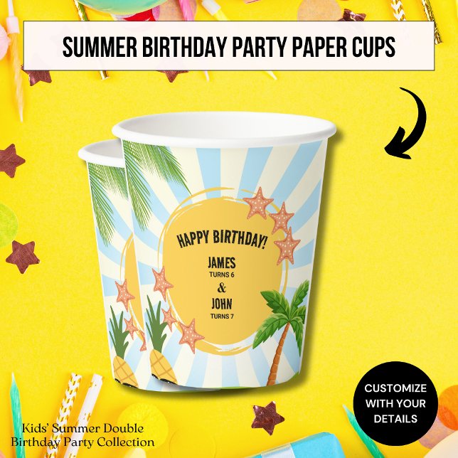 Kids Summer Double Birthday Celebration Paper Cups (Creator Uploaded)