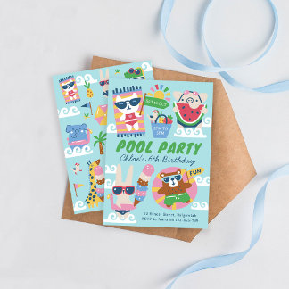 Kids Summer Fun Cute Animals Pool Birthday Party Invitation