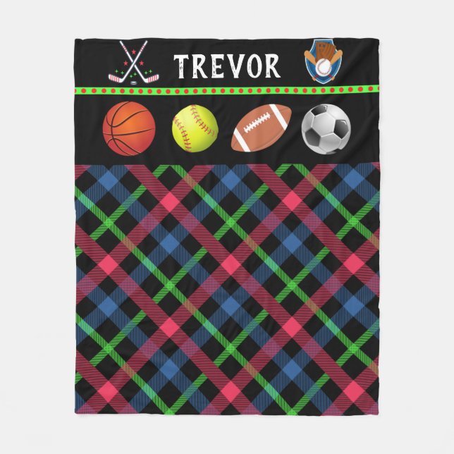 Kids Super Sports Tartan Personalised  Fleece Blanket (Front)