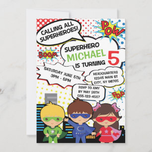 Kids Superhero Birthday Party Invite Boy Girl Hero