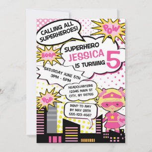 Kids Superhero Birthday Party Invite Girl Hero
