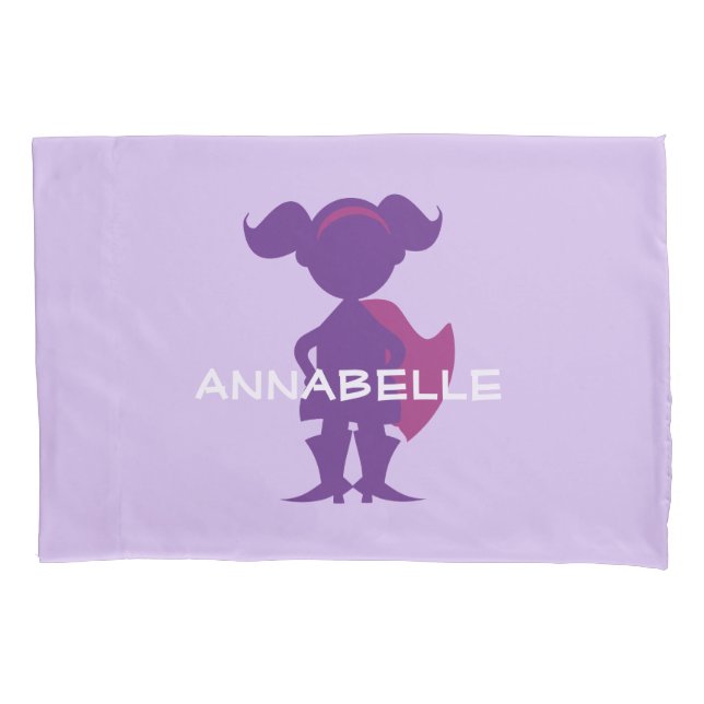 Kids Superhero Girl Silhouette Personalised Purple Pillowcase (Front)