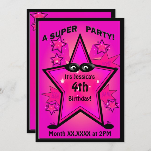 Kids Superhero Star Girl Birthday Party Invitation (Front/Back)