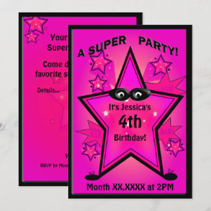 Kids Superhero Star Girl Birthday Party Invitation