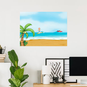 Kids Surfing Tropical Beach Fun Summer Ocean Poster