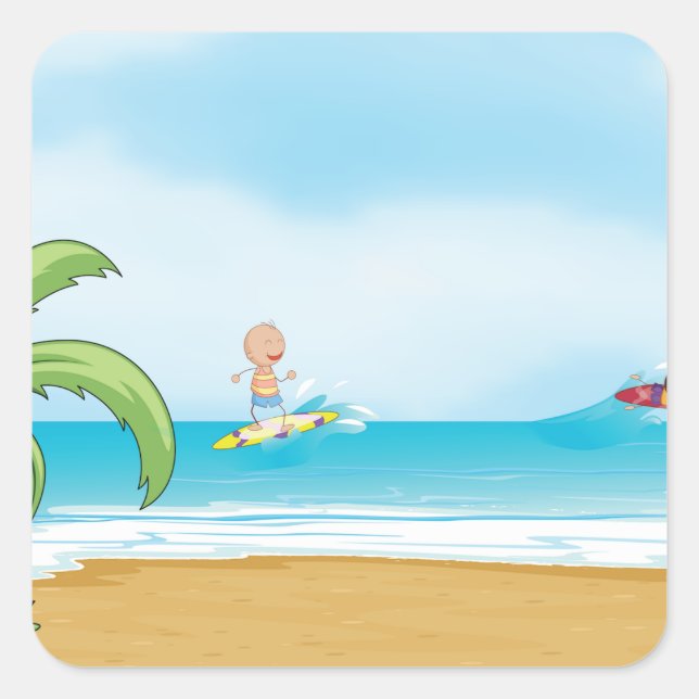 Kids Surfing Tropical Beach Fun Summer Ocean Square Sticker (Front)