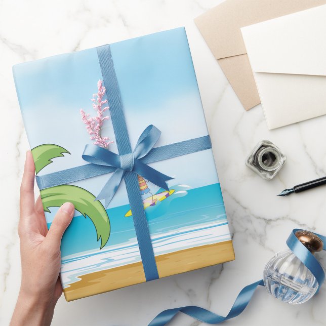 Kids Surfing Tropical Beach Fun Summer Ocean Wrapping Paper (Creator Uploaded)