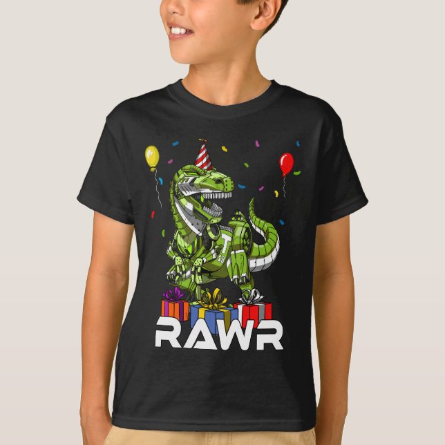 Kids T-Rex Dinosaur Robot Rawr Birthday Boy Party T-Shirt (Front)