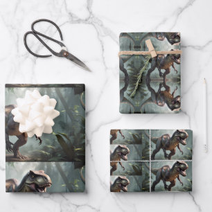 Kids T-Rex running though jungle Wrapping Paper Sheet