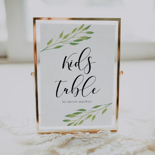 Kids table Watercolor green leaves wedding sign