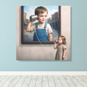 Kids Talking On a Retro Tin Can Telephone Canvas Print