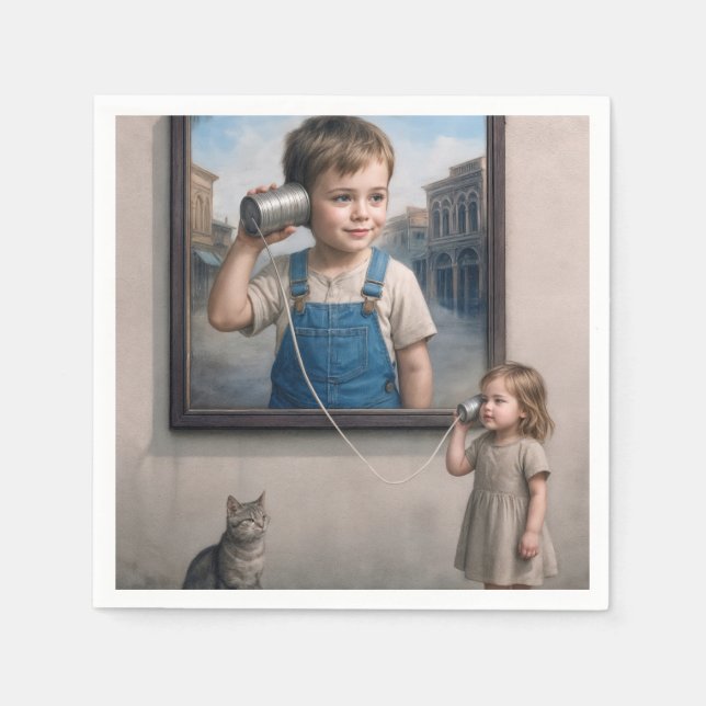 Kids Talking On a Retro Tin Can Telephone Napkin (Front)