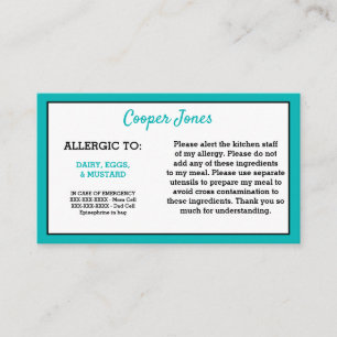 Kids Teal Allergy Alert Restaurant Emergency Calling Card