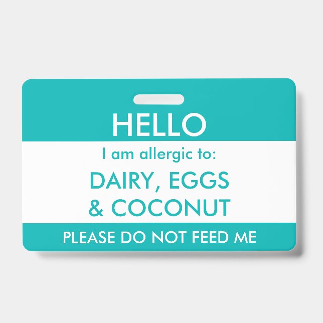 Kids Teal Hello My Name is Allergic To Allergy ID Badge (Front)