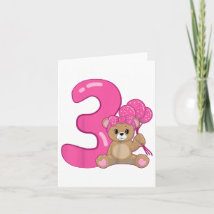 Kids Teddy Bear Cute 3rd Birthday Girl Balloons Bi Card