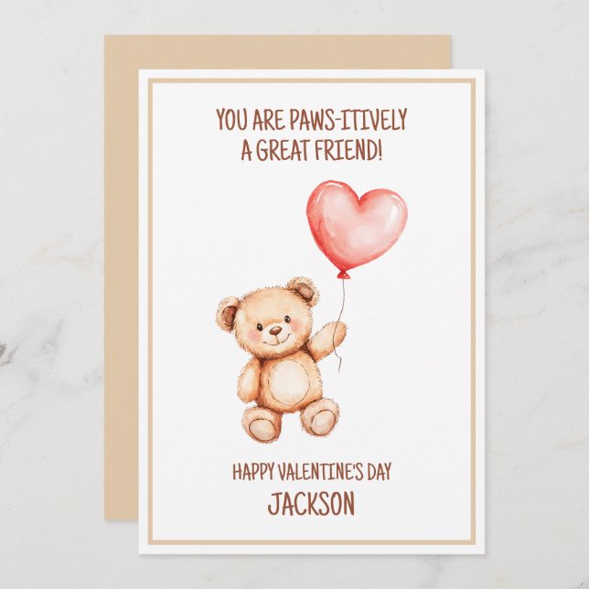 Kids Teddy Bear Cute Watercolor Heart Valentine Holiday Card (Front/Back)