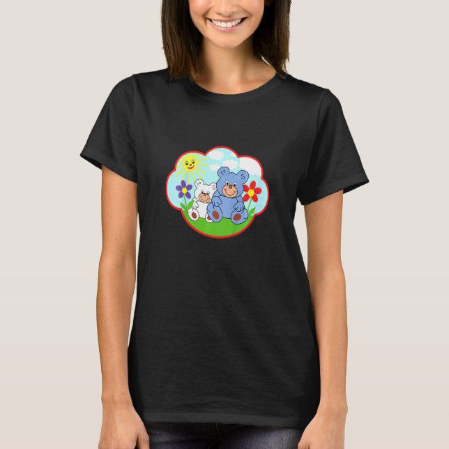 Kids Teddy Bear In Summer Sun Clouds Flowers T-Shirt (Front)