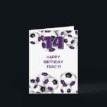 kids teens soccer player purple happy birthday card<br><div class="desc">This soccer themed birthday card is fully customisable and features clusters of purple,  black and white soccer balls at the top and bottom edges on the front and a single cluster covering the inside left of the card - customise the text on the front and inside - by katz_d_zynes</div>