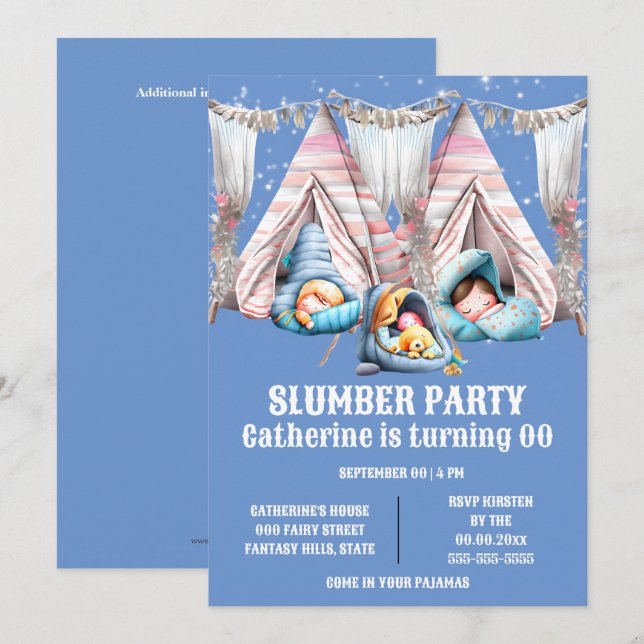Kids teepee sleepover slumber pajama party fun invitation (Front/Back)