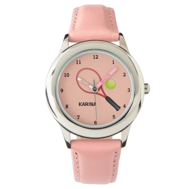 Kids Tennis Sports Girl Player Pink Name Watch (Front)