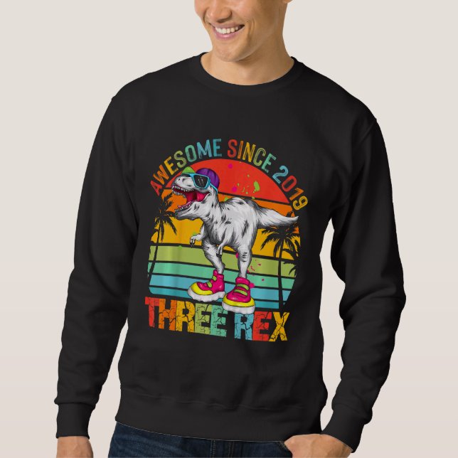 Kids Three Rex 3rd Birthday Boy Third Dinosaur Awe Sweatshirt (Front)
