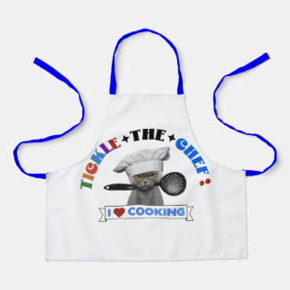 Kids "Tickle the Chef" Funny Cat apron, Blue 70's Apron