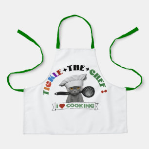 Kids "Tickle the Chef" Funny Cat Apron, Green 70's Apron