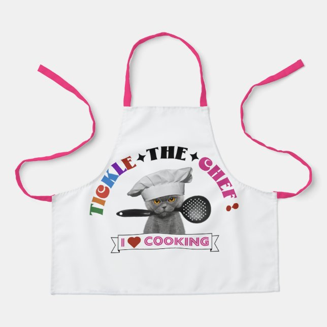 Kids "Tickle the Chef" Funny Cat apron, Pink 70's Apron (Front)