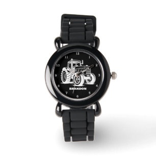 Kids Tractor Boys Black Custom Name Watch