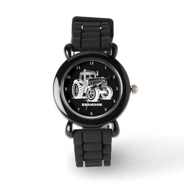 Kids Tractor Boys Black Custom Name Watch (Front)
