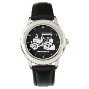 Kids Tractor Boys Black Custom Name Watch