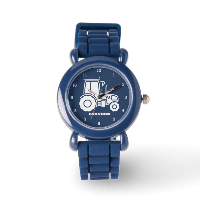 Kids Tractor Boys Blue Custom Name Watch (Front)