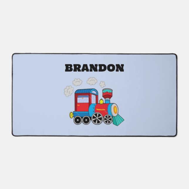 Kids Train Boys Blue Custom Name Desk Mat (Front)