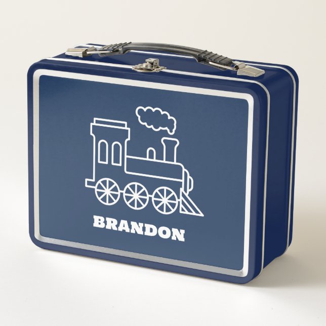 Kids Train Boys Blue Custom Name Metal Lunch Box (Front)