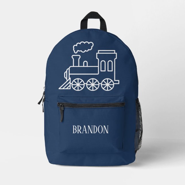 Kids Train Boys Blue Custom Name Printed Backpack (Front)