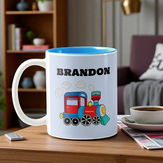 Kids Train Boys Blue Custom Name Two-Tone Coffee Mug (Creator Uploaded)