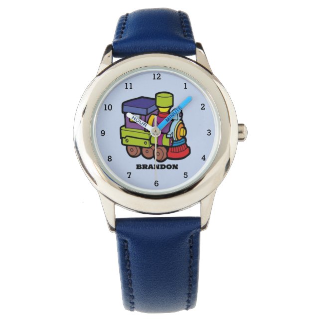 Kids Train Boys Blue Custom Name Watch (Front)