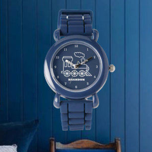Kids Train Boys Blue Custom Name Watch