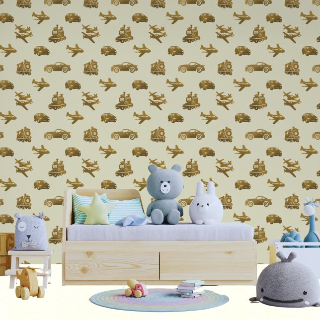 Kids Trains Planes And Cars Gold And Cream Wallpaper (Boys Nursery | Bedroom)