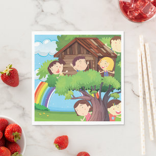 Kids Treehouse with Rainbow and Happy Children Napkin