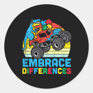 Kids Trex Monster Truck Embrace Differences Autism Classic Round Sticker