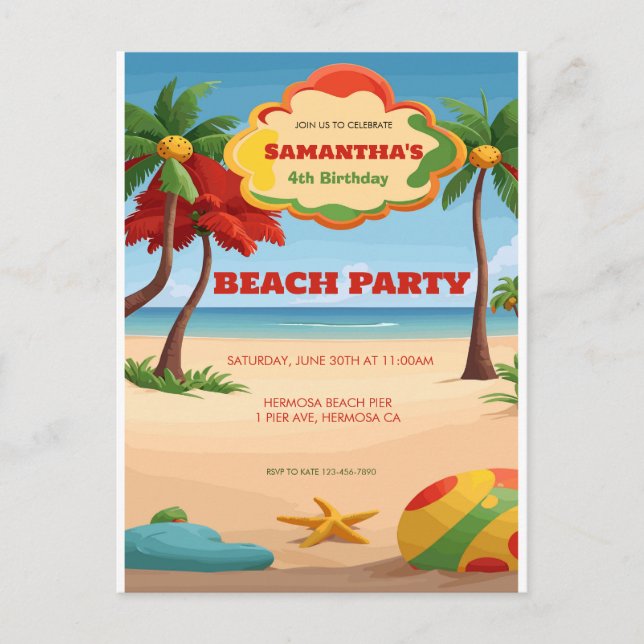 Kid's Tropicai Reggae Beach Birthday Invitation Postcard (Front)
