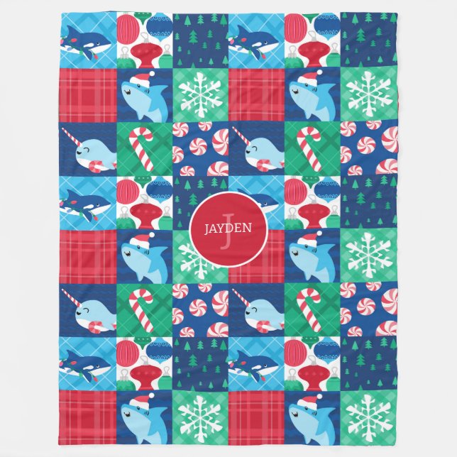 Kids Under The Sea Christmas Patchwork Quilt Fleece Blanket (Front)