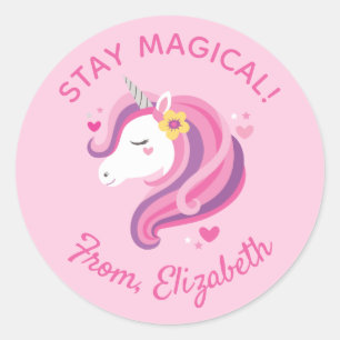 Kids Unicorn Face Pink Valentines Day Classroom Classic Round Sticker